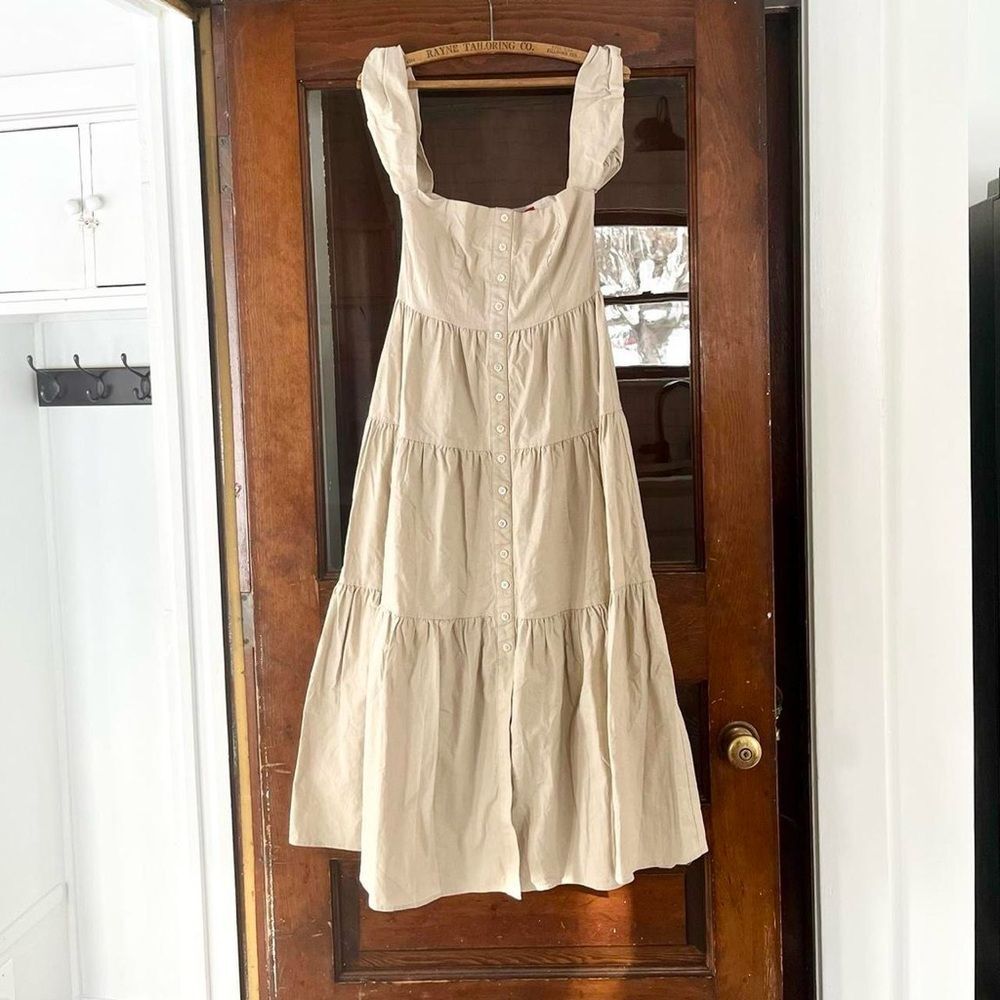 Rare $285 Staud Elio Linen Cotton Off Shoulder Tiered Ruffle Midi Dress 0 XS